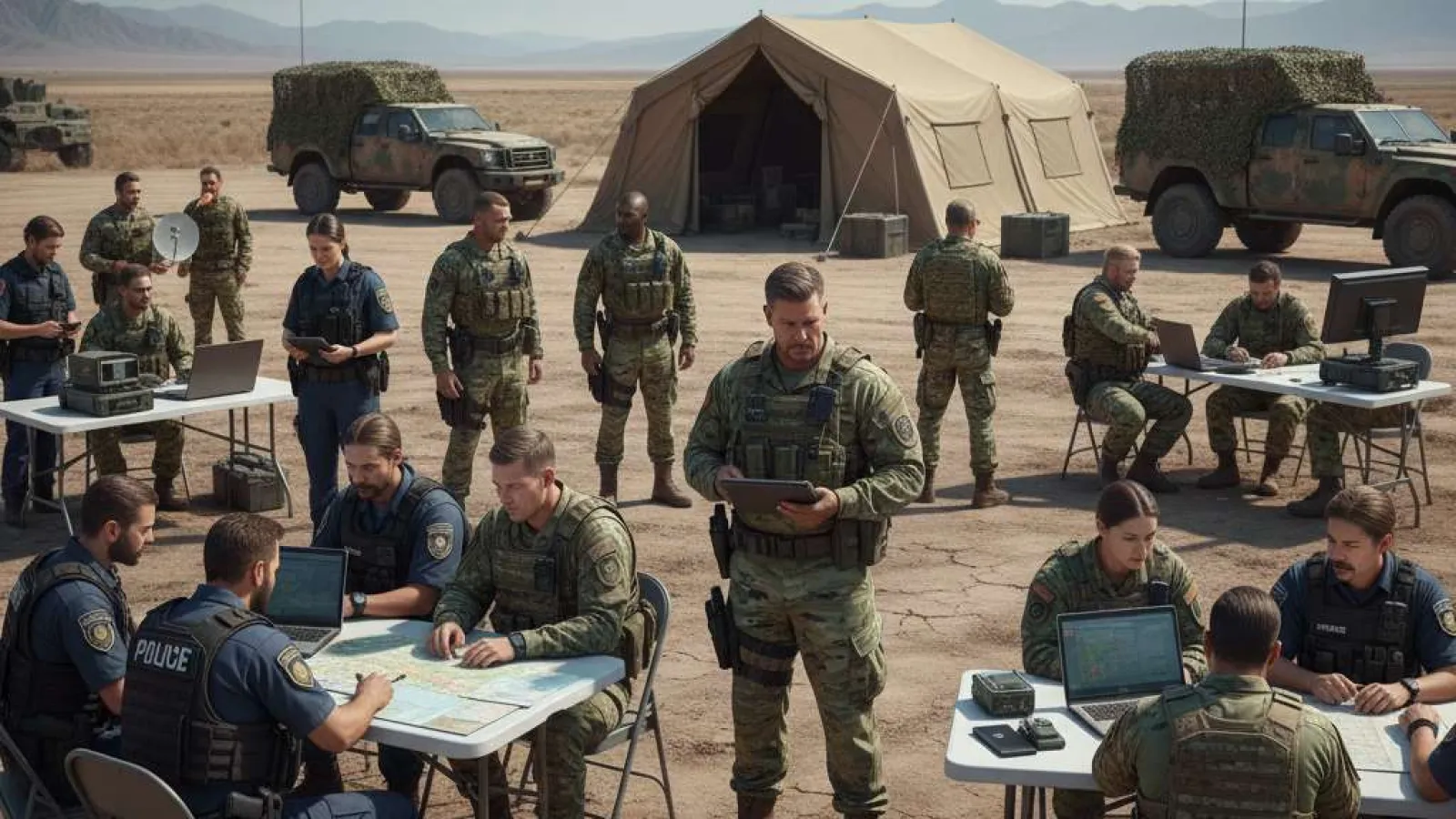 Military personnel and police officers coordinating at tables in a desert base camp with tents and vehicles