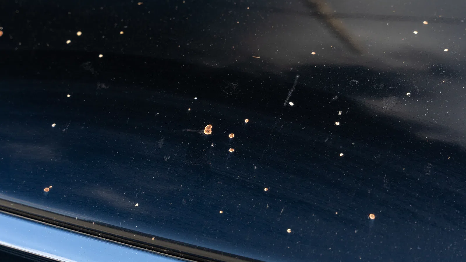 Close-up of black painted metal surface with scattered rust spots and scratches reflecting light.
