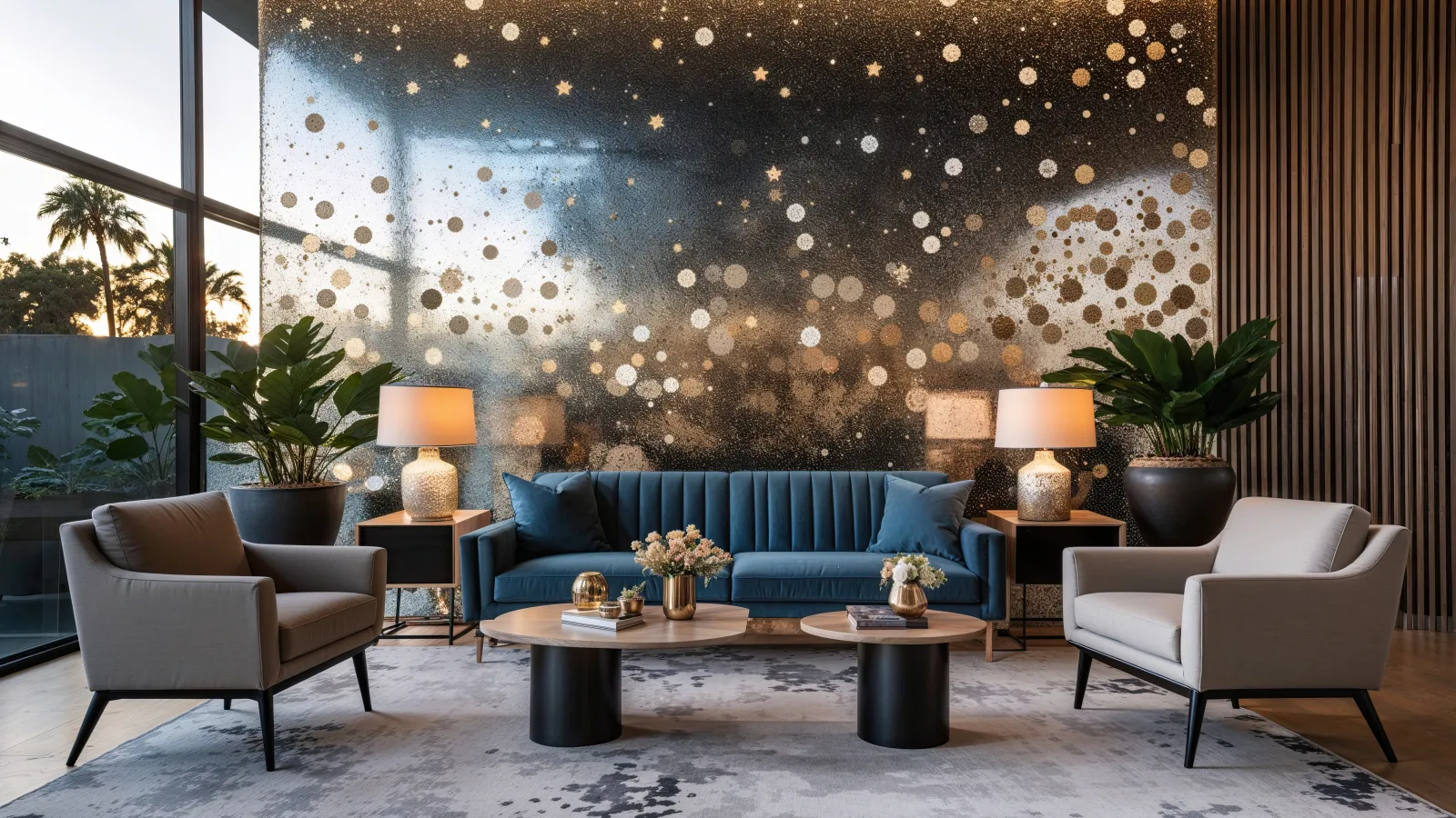 Modern living room with blue sofa, patterned wall, neutral armchairs, wooden coffee tables, and decorative plants.