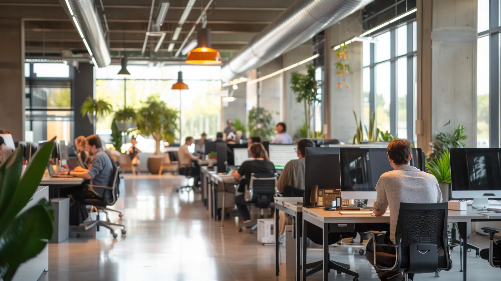 Open office space with people working at desks, large windows, plants, and industrial-style lighting.