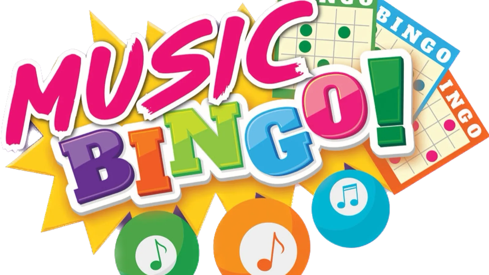 Colorful Music Bingo logo with bingo cards, music notes, and bright letters on yellow starburst background