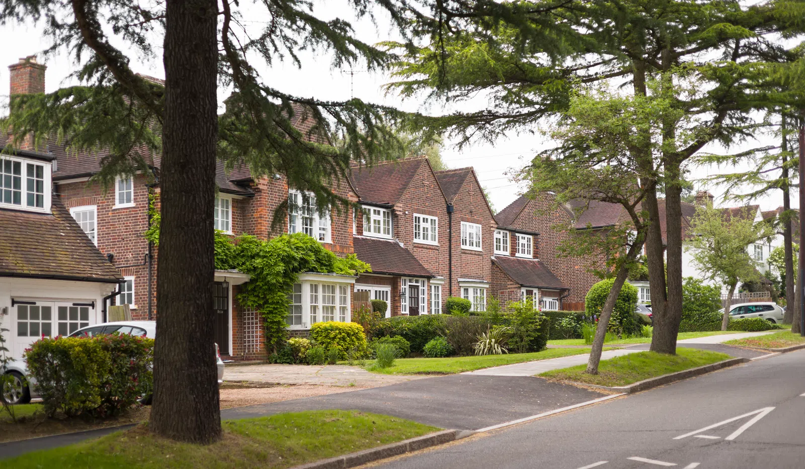 Tree-lined suburban street with brick houses, green lawns, and a clear sidewalk under overcast sky.