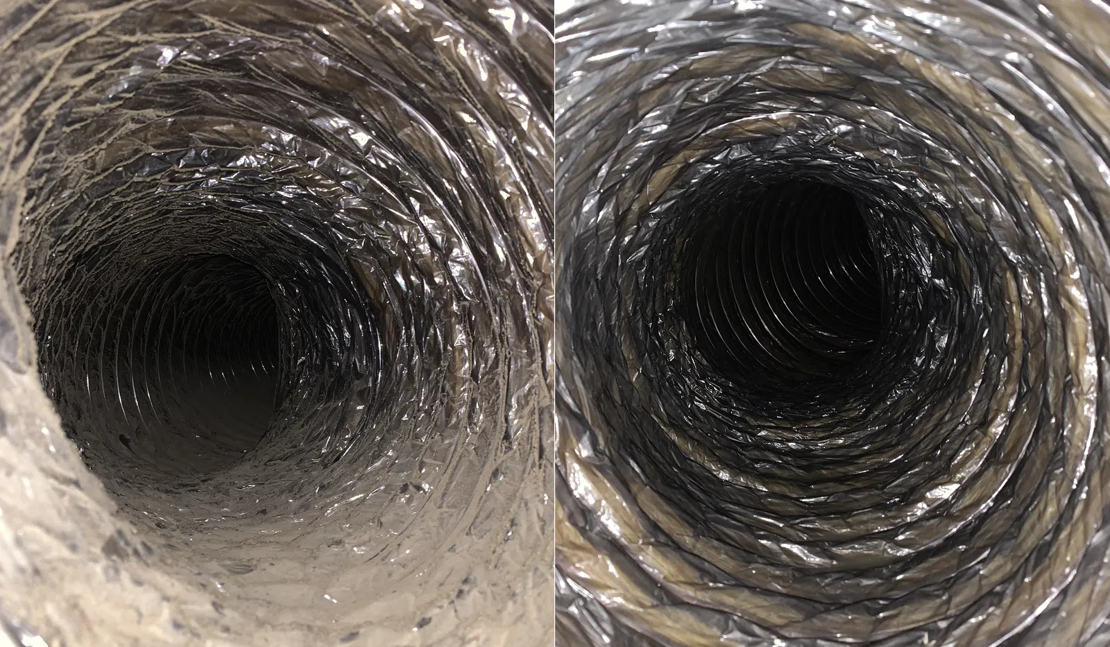 Close-up view of metal ductwork, showcasing the spiral design and dark interior.