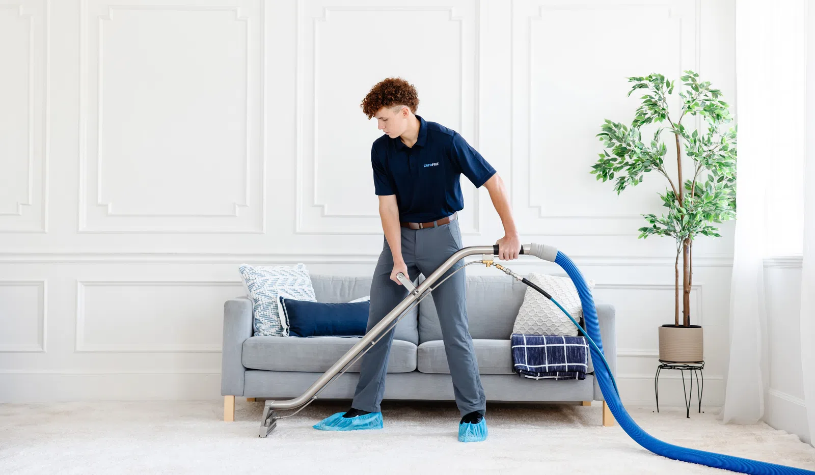 Professional cleaner using equipment on carpet in bright living room with sofa and plants.