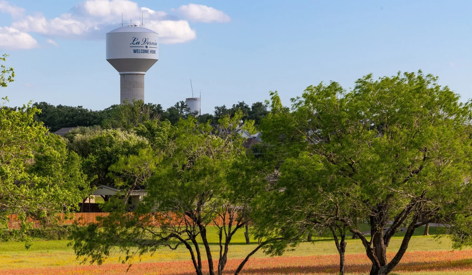 Water tower with La Vernia Welcome Home text over trees and colorful wildflowers in a sunny field.