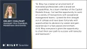 Professional portrait of Kelsey Chalfant with her title and a testimonial about career growth at B. Riley Securities.