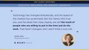 Quote from Kathy Innis on execution, resilience, and industry leadership with her photo and B. Riley Securities logo.