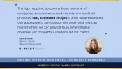 Quote about delivering real, actionable insight in equity research by Laura Maher of BRiley Securities for Women's History Month.