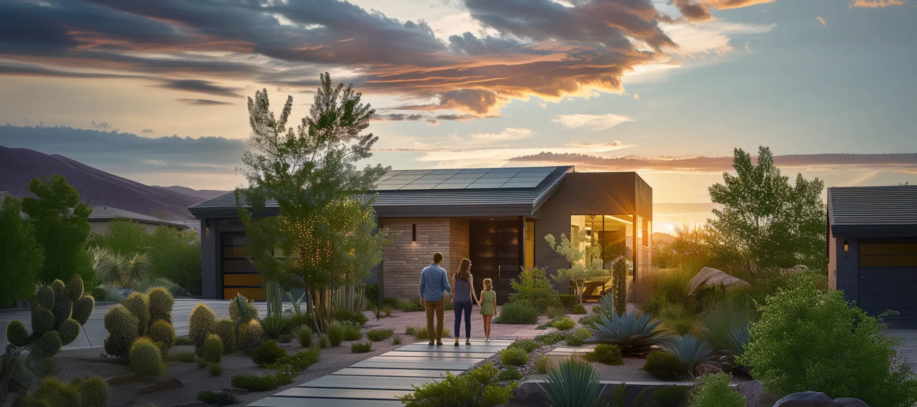 A family walks toward a modern desert home with rooftop solar at sunset