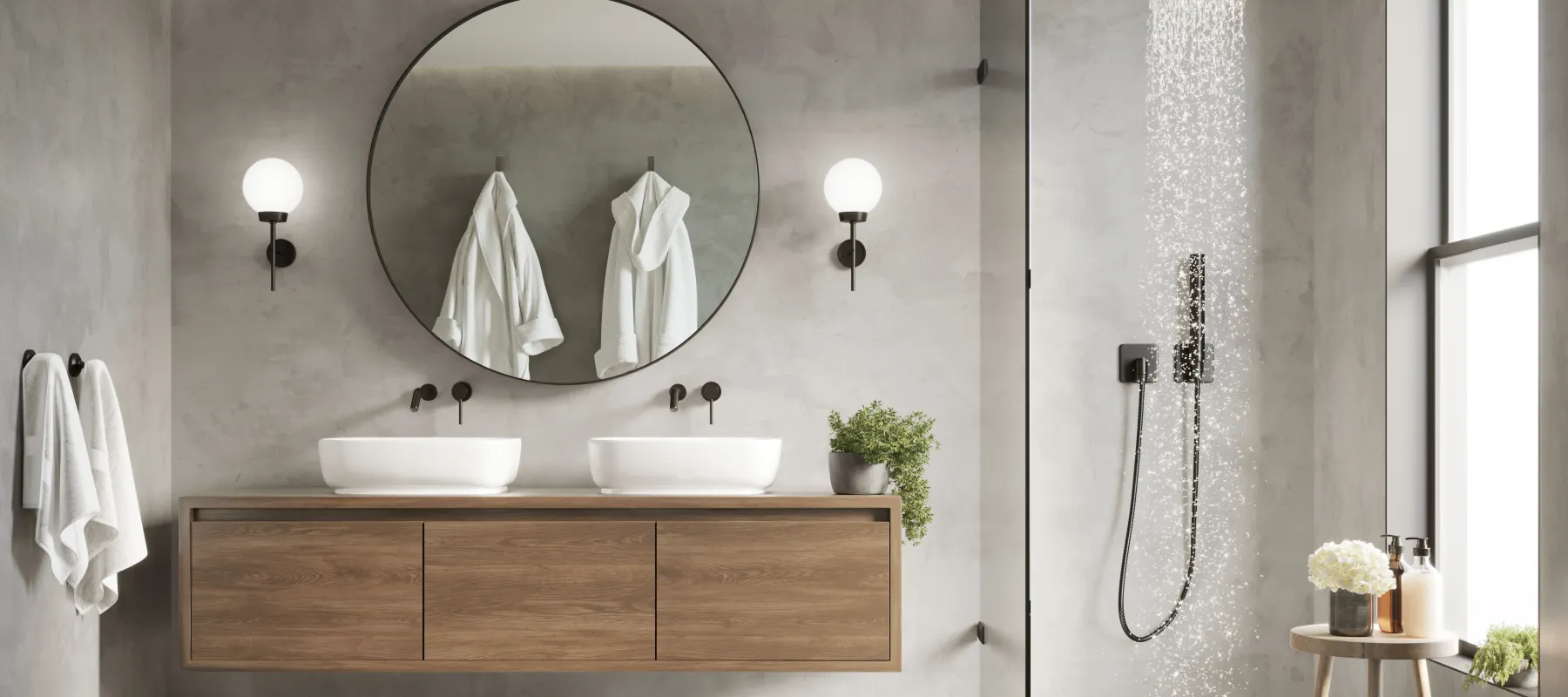 a bathroom with a large mirror