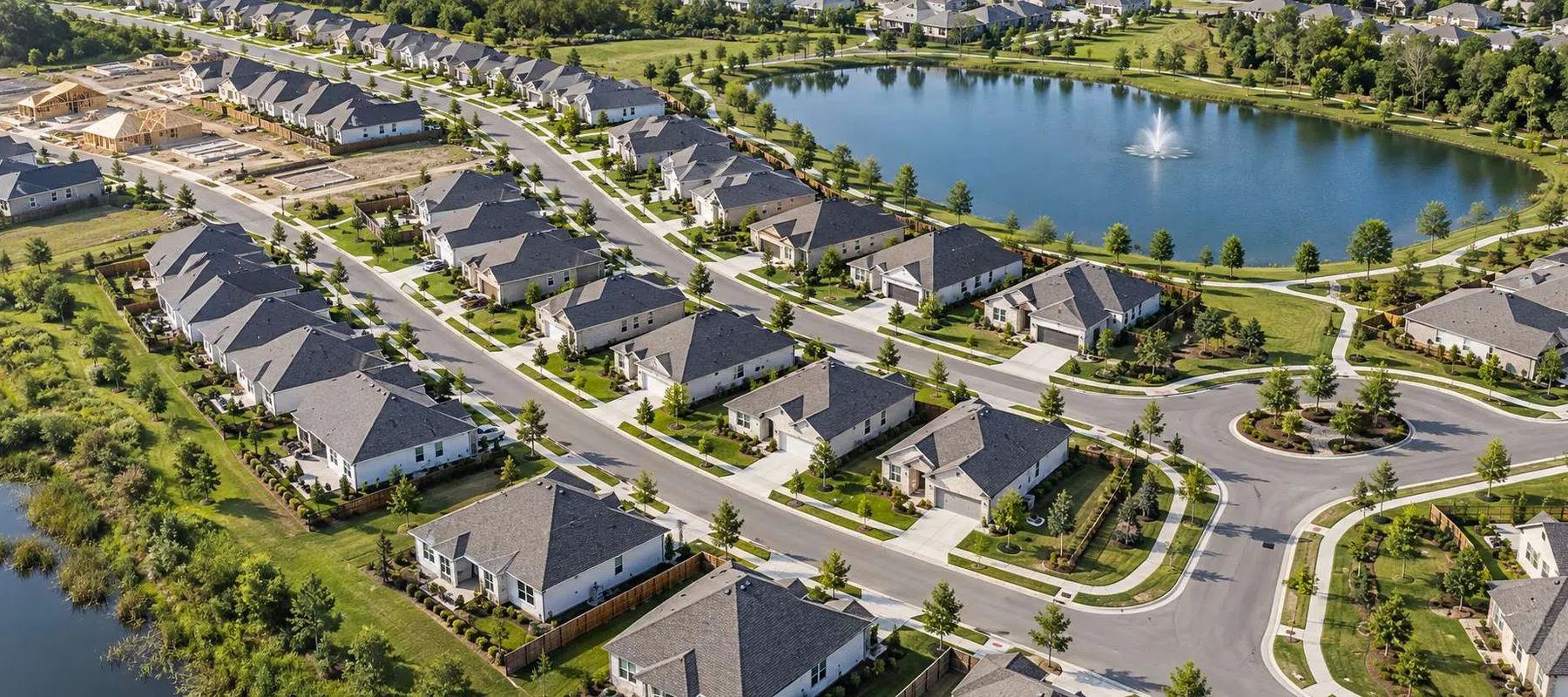 Aerial view of a suburban neighborhood with houses, roads, landscaped yards, and a pond with a fountain.