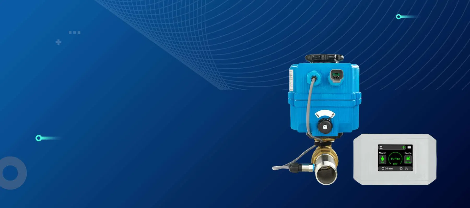 Blue industrial valve actuator with control panel displayed on a dark blue digital background with network graphics.