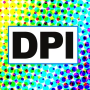 The abbreviation DPI surrounded by CMYK ink dots