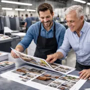Two men examining print layouts in a modern printing facility with production equipment in the background.
