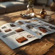 Fashion catalog lying open on a wooden table featuring handbags and clothing