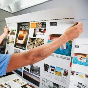 A printing plant worker inspecting a printed sheet