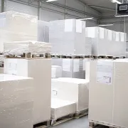 Pallets of paper in the storeroom of a printing company