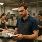 Man in glasses and apron inspecting a book in a busy print shop with colleagues stacking books in the background