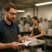 Man in glasses and apron inspecting a book in a busy print shop with colleagues stacking books in the background