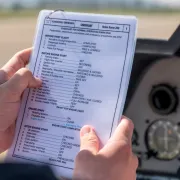A pilot in the cockpit holding a laminated preflight checklist