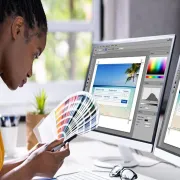 A prepress technician reviewing an artwork file