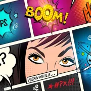 Comic style pop art panel with expressive eyes, speech bubbles, and sound effects like Oops, Boom, and Ha Ha.