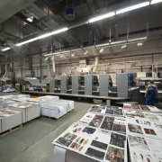 A variety of print projects on pallets in front of an offset printing press