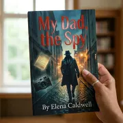 A hand holds the book My Dad, the Spy by Elena Caldwell with a silhouetted spy figure on a dimly lit street on the cover.