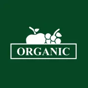 Organic food store logo printed as a reverse in green ink on white substrate