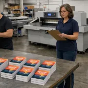 Two workers inspecting and packing stacks of Perfect Bound books in a printing facility