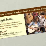 A promotional Buckslip for a retail guitar store