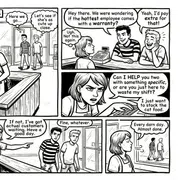 Comic book panels showing a female pet store employee annoyed by two young men who flirt and waste her time while working.