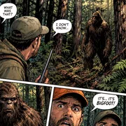 Comic book panels showing two hunters encountering a Bigfoot creature in a dense forest and expressing shock and fear.