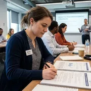 Business professionals attending a corporate training session taking notes in their training manuals.