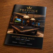 A Prestige Game Rooms brochure featuring a luxurious pool table room with warm lighting and a large TV.