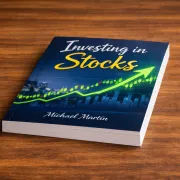 Book titled Investing in Stocks on a wooden surface with upward stock market graph on the cover.