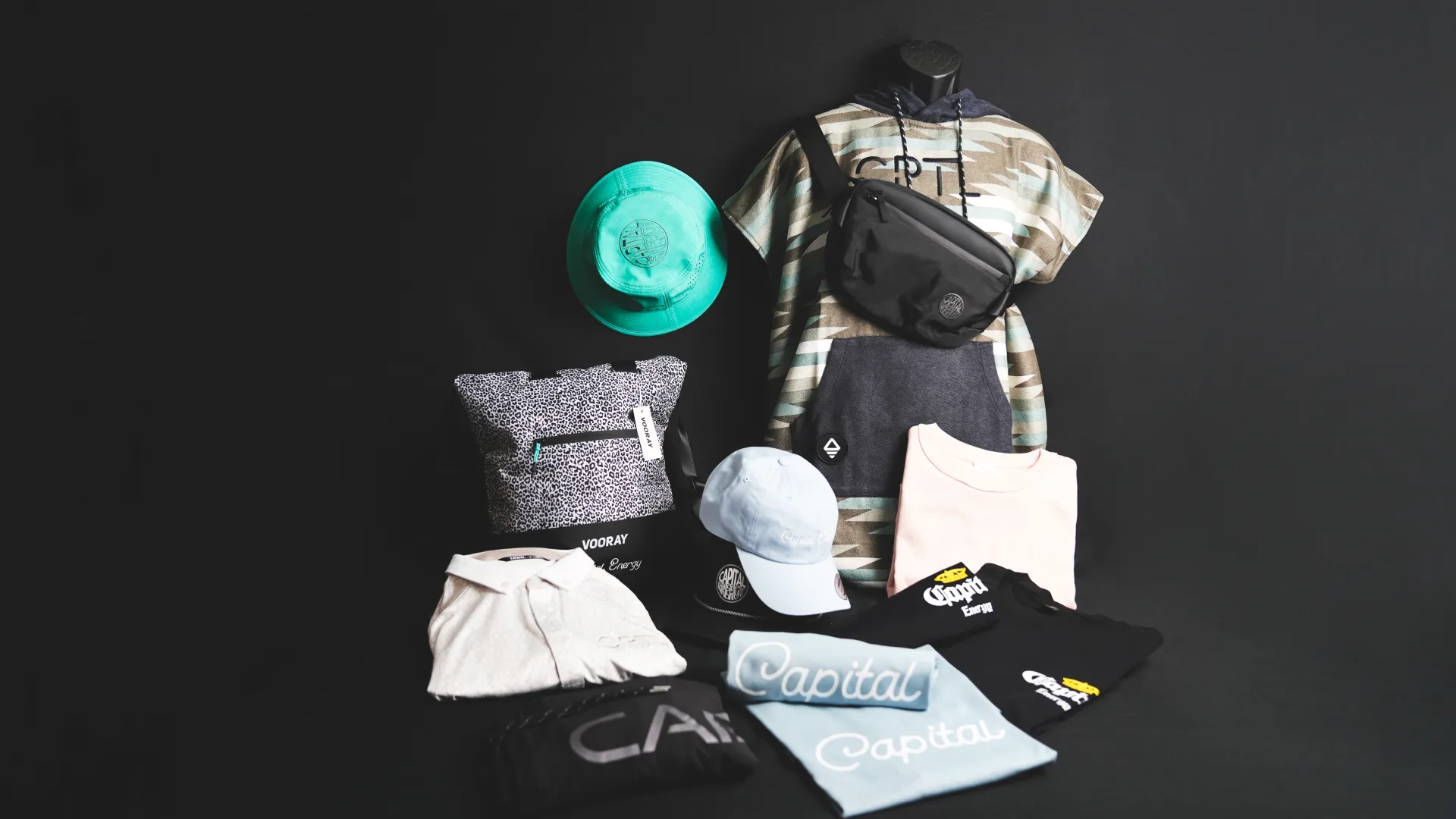 a backpack and some hats
