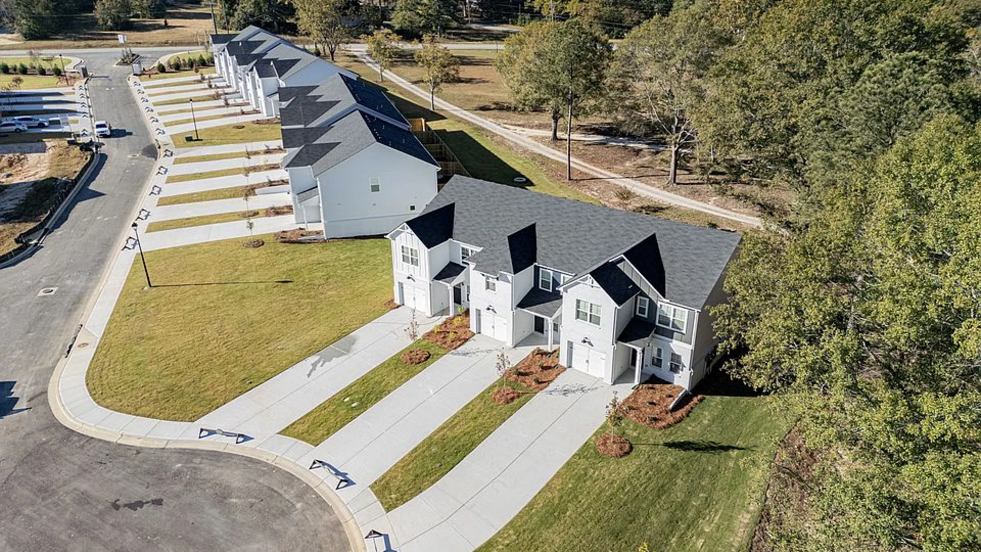 Aerial view of a new suburban townhouse complex in Winder, GA