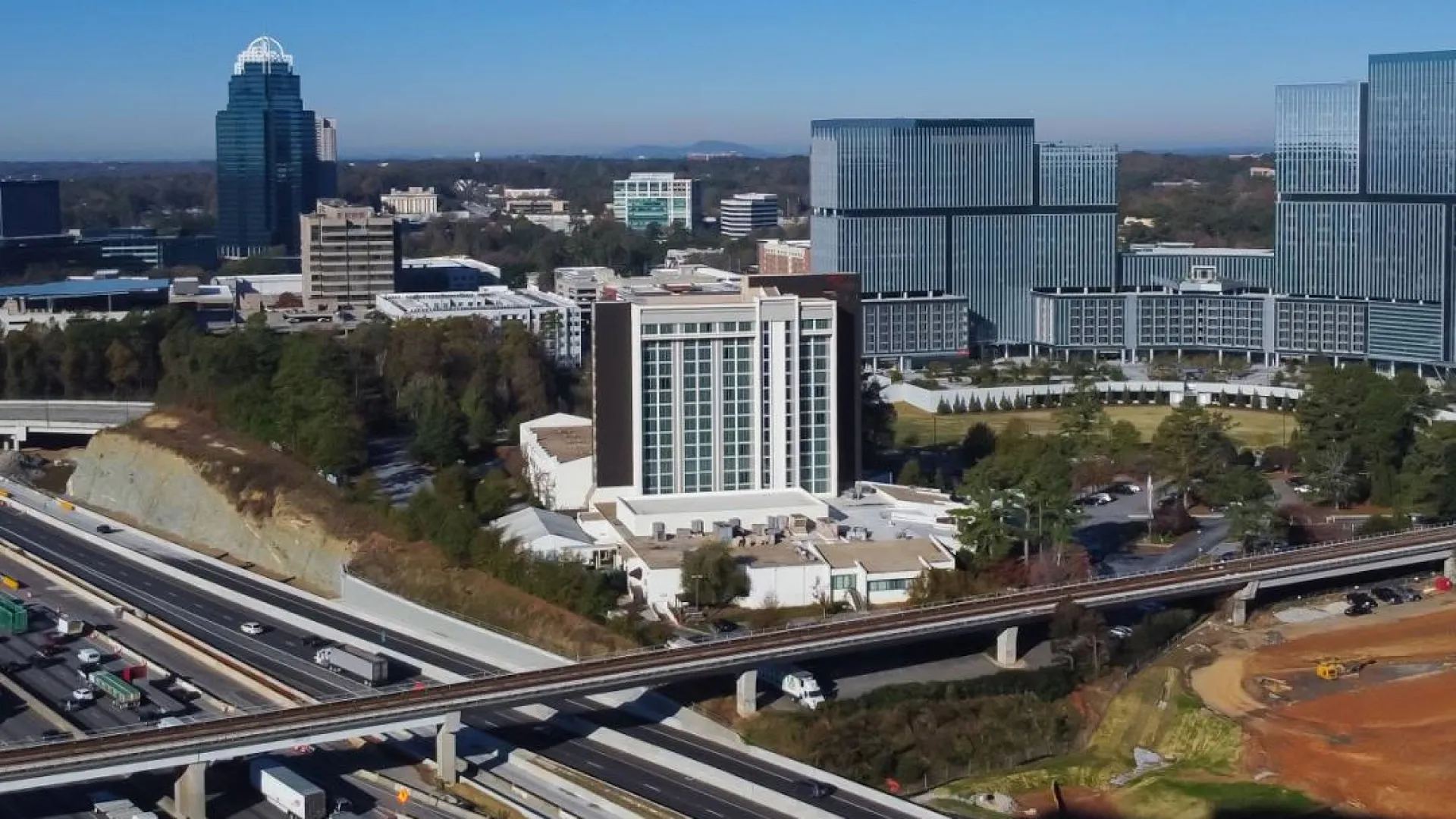 Aerial view of a busy highway interchange in Dunwoody GA