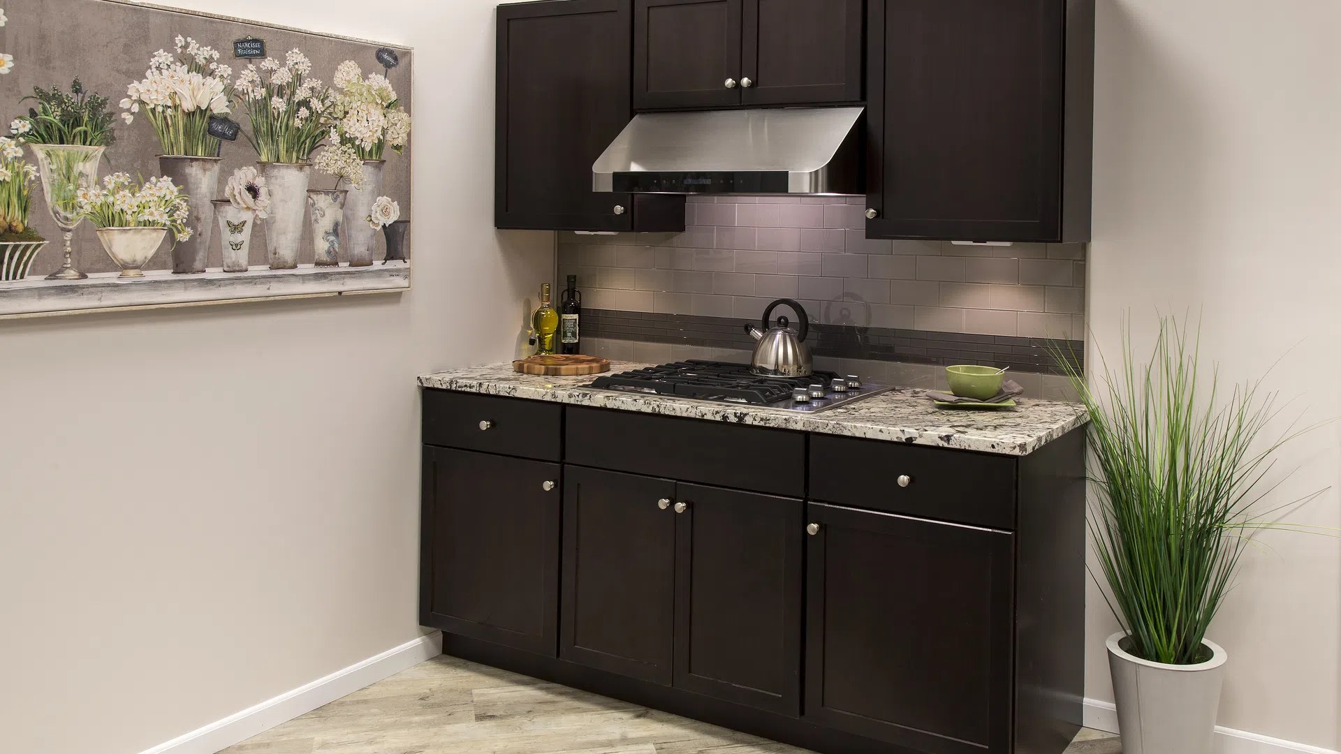 Modern kitchen with dark wood cabinets, granite countertop, stainless steel stove hood, and decorative plants.