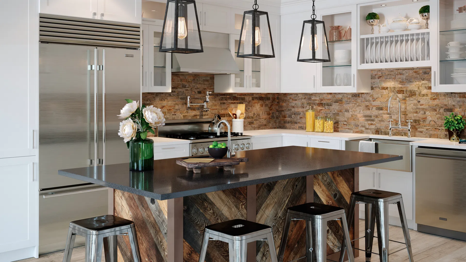Modern kitchen with rustic island, metal stools, pendant lights, brick backsplash, and stainless steel appliances
