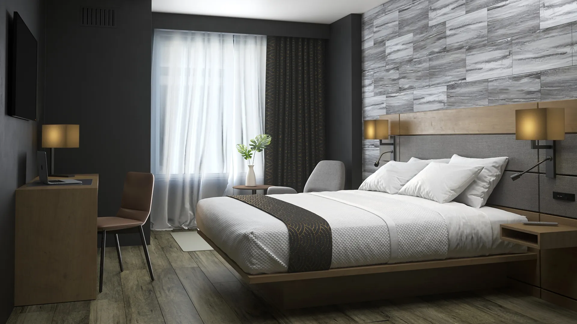 Modern hotel room with king-size bed, wood flooring, gray accent wall, desk, chair, and soft lighting.