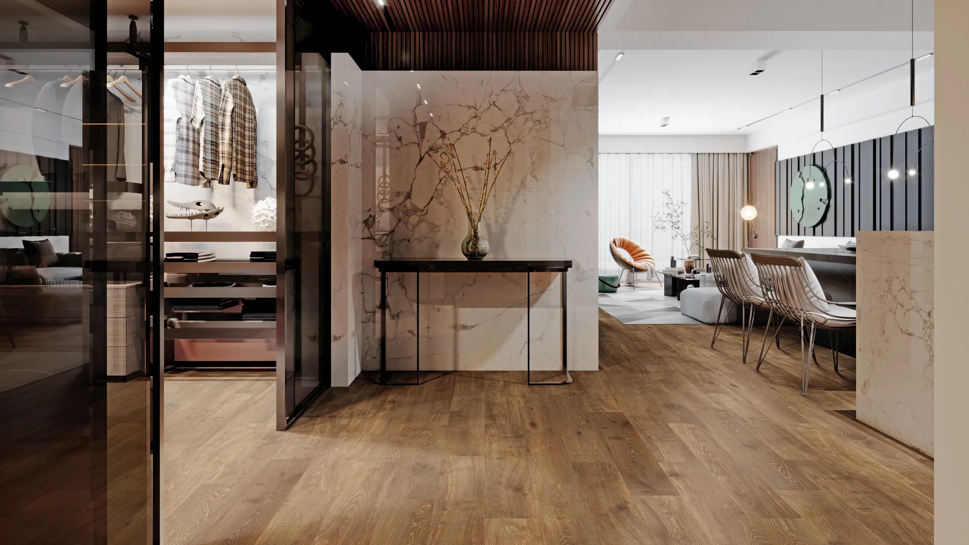 Modern open-concept living space with wood floors, marble accents, and sleek glass closet doors.