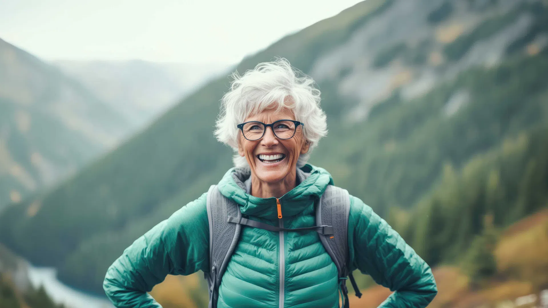 Smiling elderly woman with glasses and a green jacket enjoying hiking in mountainous nature with blurred background.