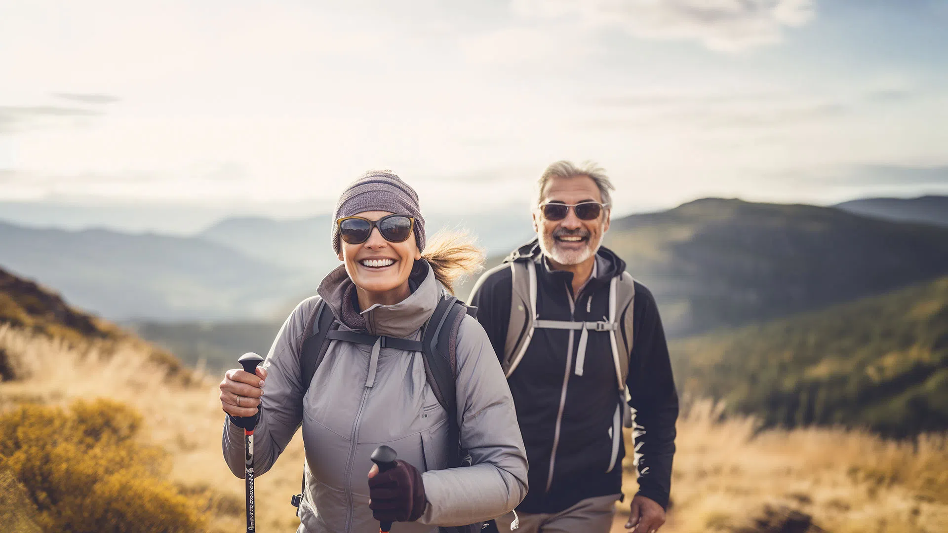 Smiling mature couple hiking with backpacks and sunglasses on a sunny mountain trail with scenic views.