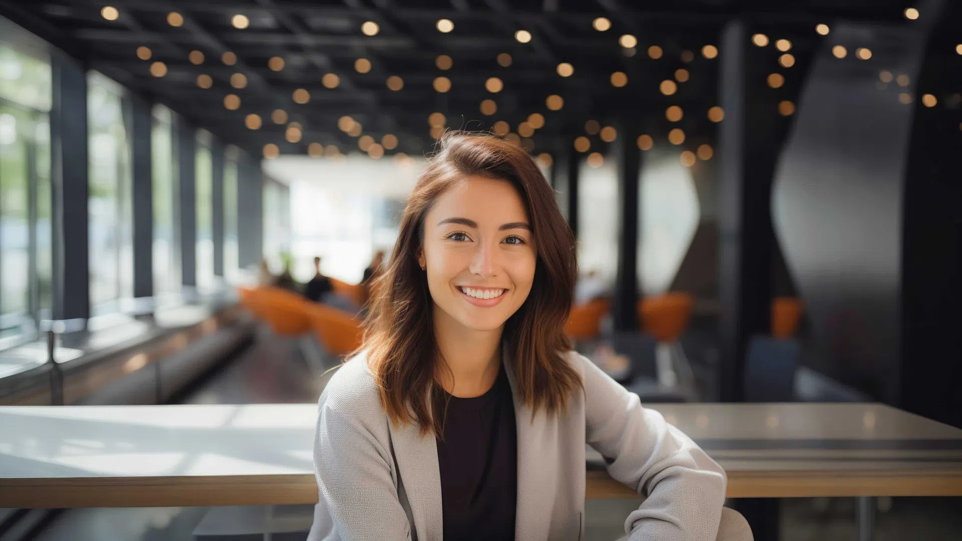 Young woman smiling confidently in modern office space with warm lighting and large windows in the background