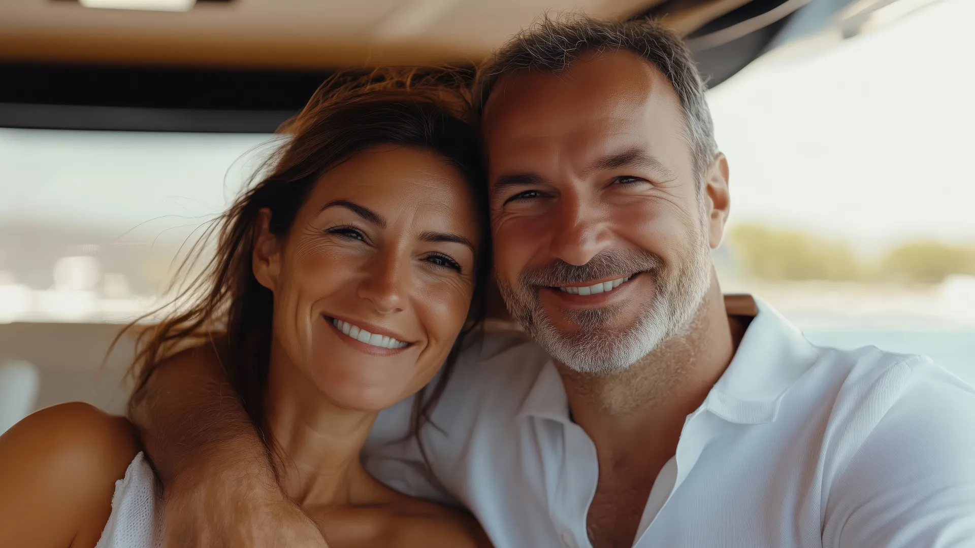 Smiling middle-aged couple enjoying a moment together, close-up portrait with natural light and relaxed expressions.