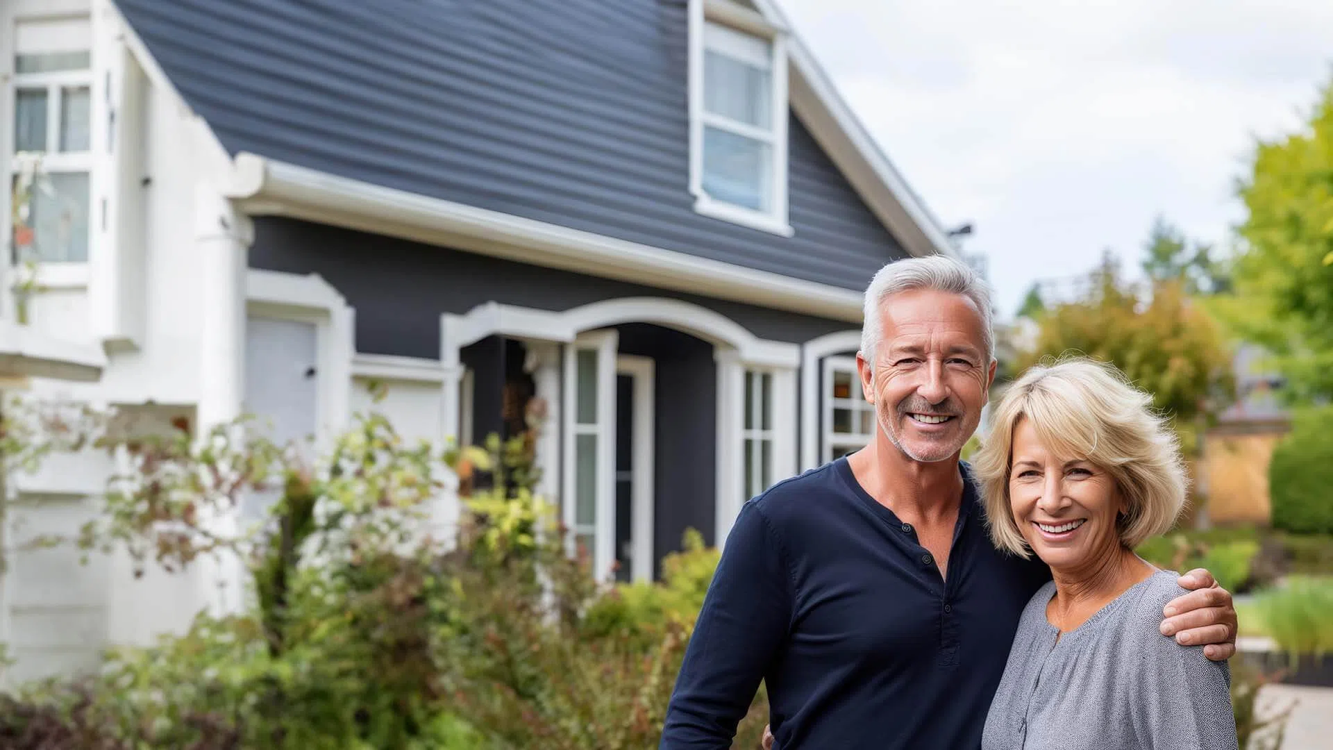 Smiling mature couple standing outside their modern black and white two-story home with garden.