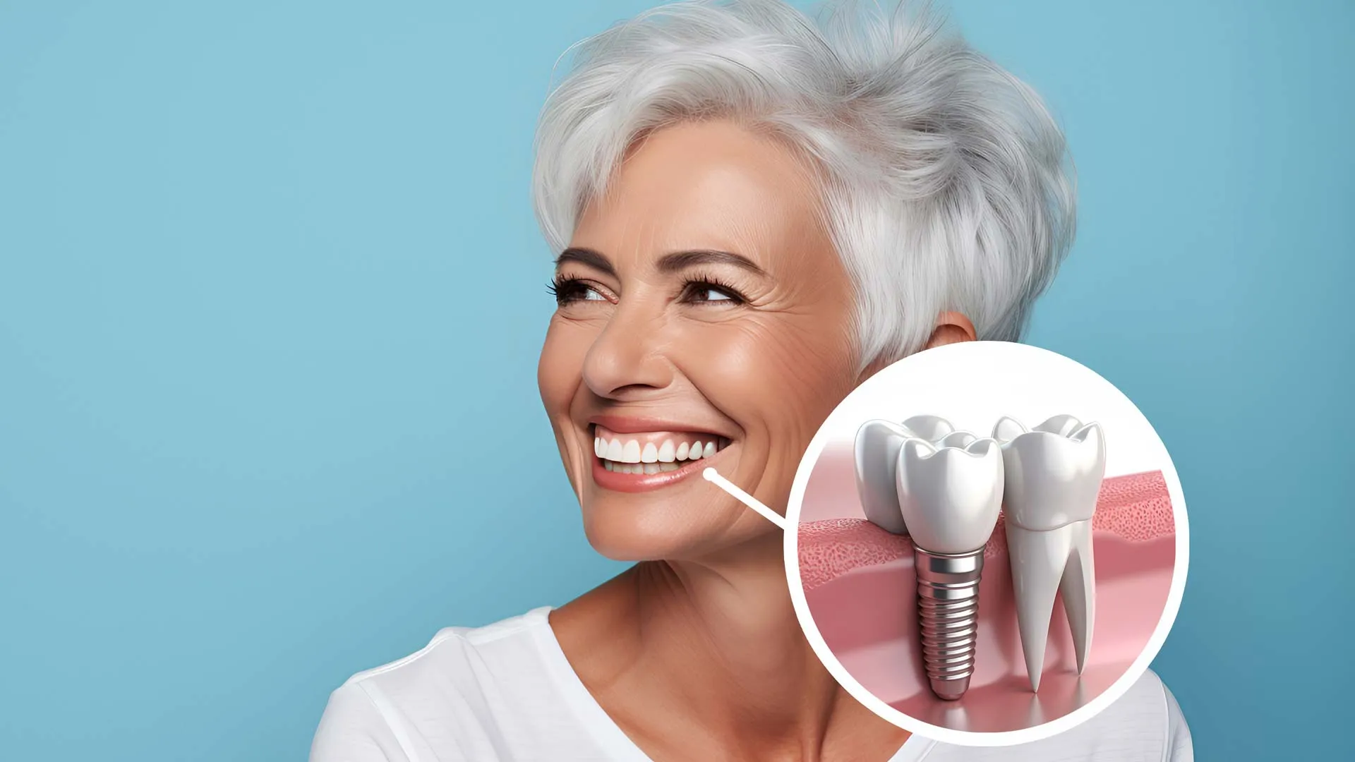 Smiling senior woman with white hair and healthy teeth, highlighting dental implant next to natural tooth on blue background.