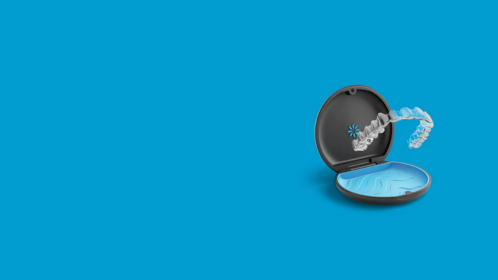 Transparent dental aligner hovering above its black protective case on a bright blue background.
